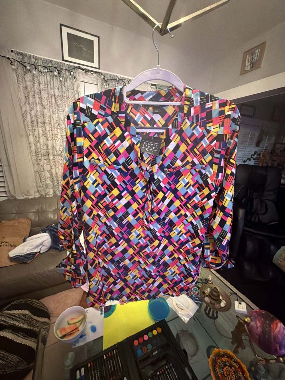 Simply Styled Petite Women's Geometric Print Button-Front Long Sleeve Blouse